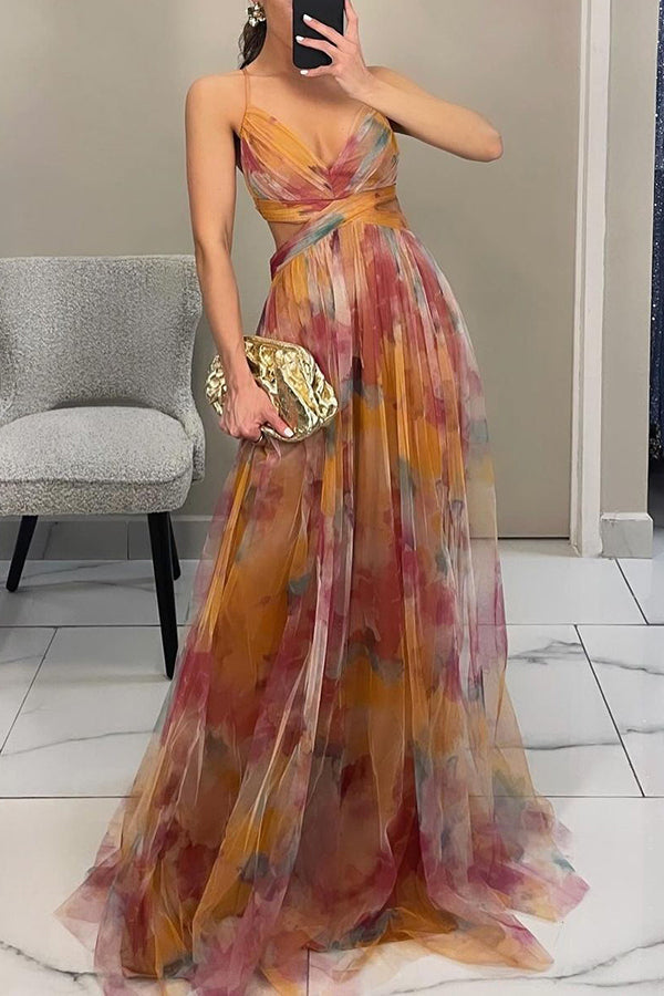 ' Summer Princess Chiffon Printed Hollow Waist and Back Lace Up Long Dress