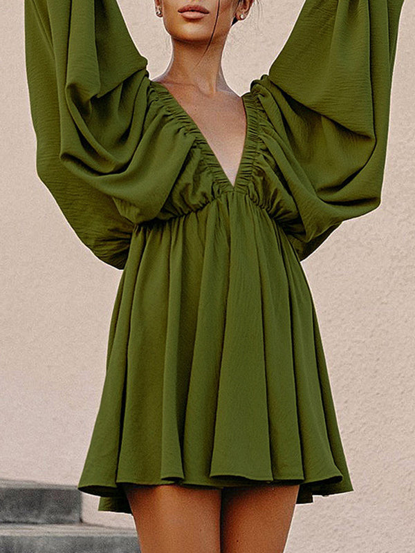 Long Sleeves Loose Elasticity Color V-back Deep V-neck Mini Dresses