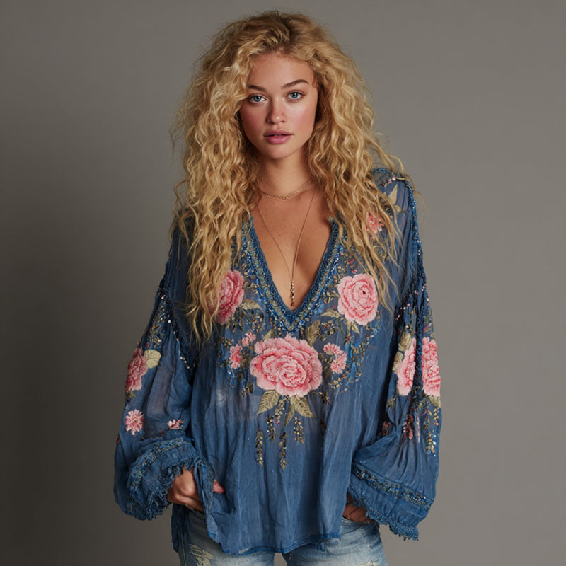 Vintage Pink Roses Embroidered Linen Blend T-shirt elevenforest
