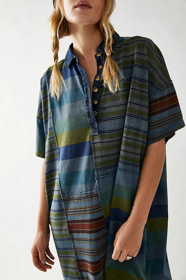 Contrast Striped Patchwork Denim Lapel Loose Mini Dress
