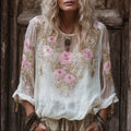 Bohemian Pink Embroidered Casual Round-neck Long-sleeved Shirt elevenforest