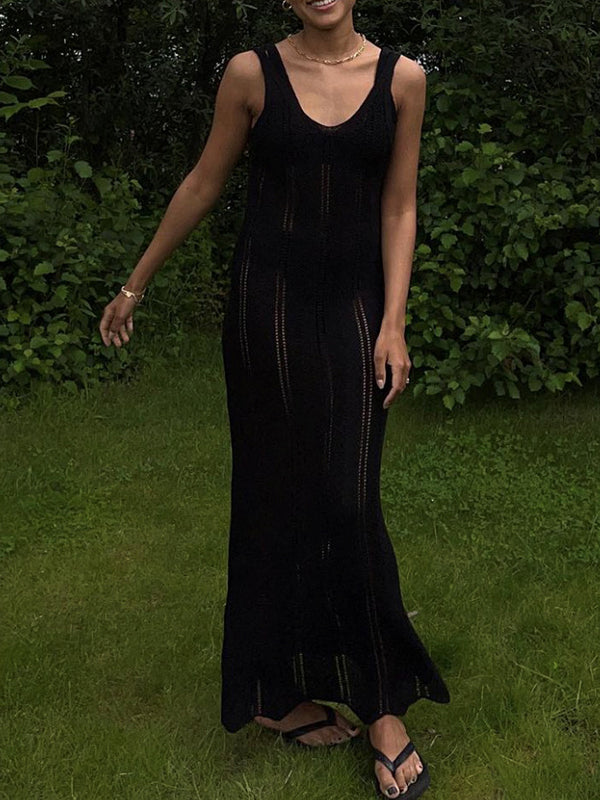 Skinny Sleeveless Backless Hollow See-through Color Split-joint Wide Straps Maxi Dresses