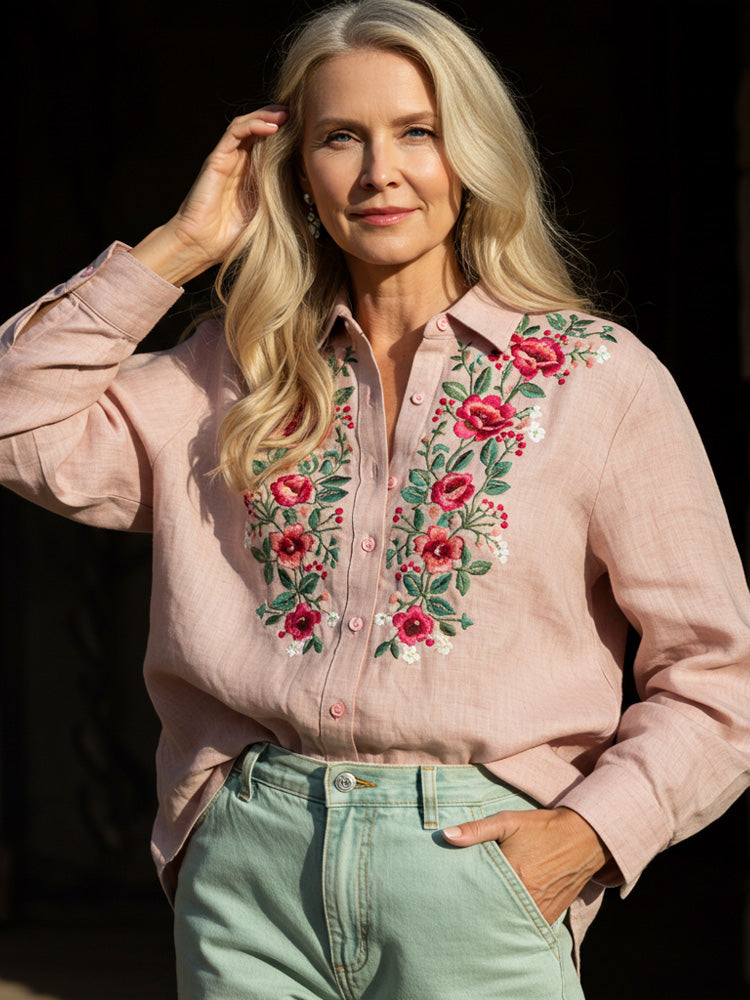 Women's Linen Bohemia Style Floral Long-sleeved Breathable Top Shirt elevenforest