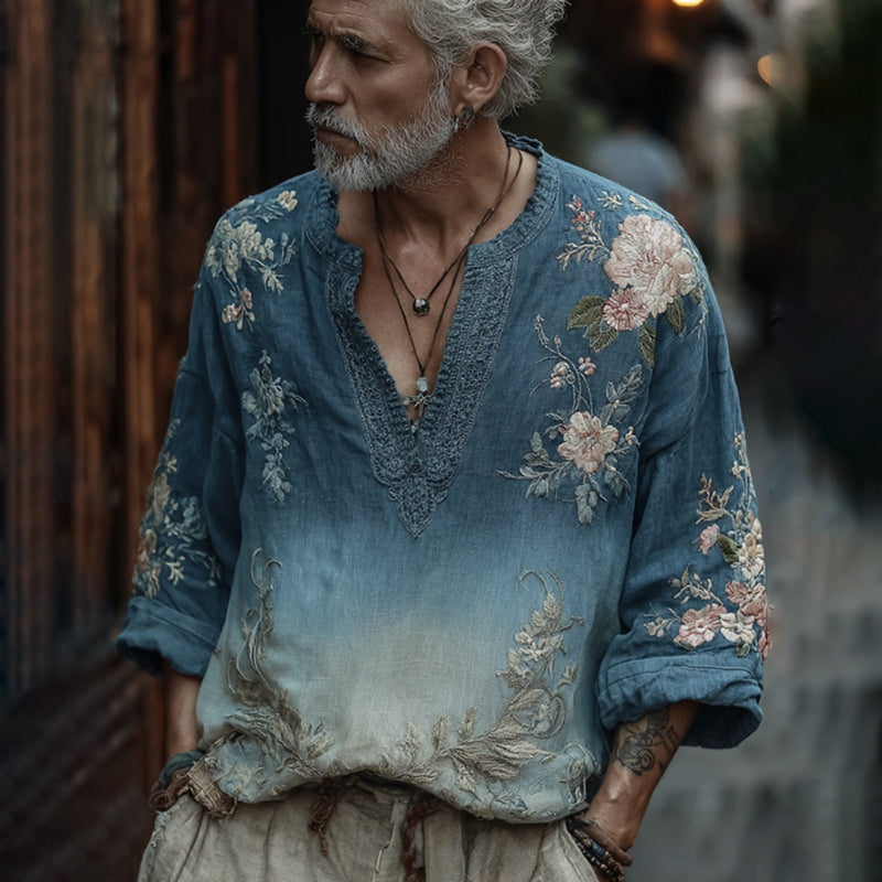Men's Vintage Floral Embroidered Comfy Linen Shirt elevenforest