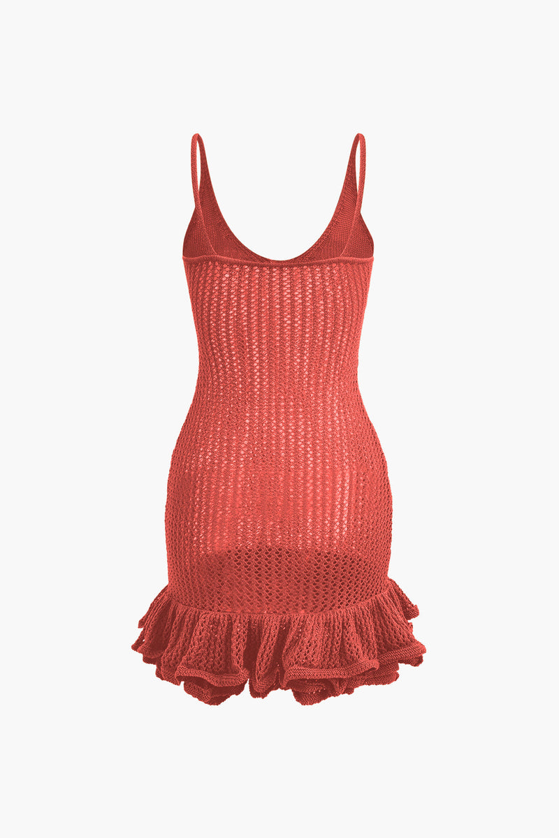 Color Open Knit Ruffle Hem Cami Mini Dress