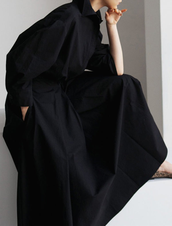 Long Sleeves Loose Pleated Color Split-joint Tied Waist Lapel Midi Dresses Shirt Dress