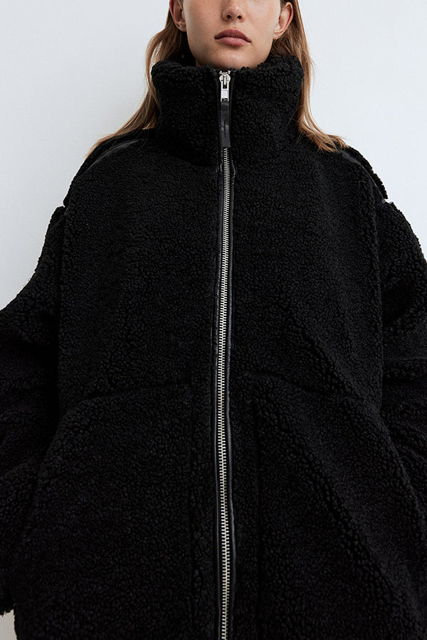 Color Stitching High Collar Long Sleeve Loose Pocket Woolen Coat