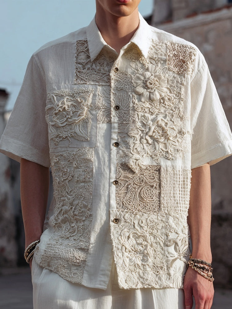 Men's Floral Lace Embroidered Vintage Patchwork Linen Shirt elevenforest
