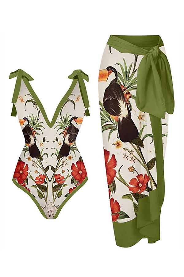 Full of Sunshine Printed Shoulder Tie One-piece Swimsuit With Midi Cover-up Skirt