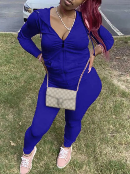 Spring Two Piece Sets Outfits Hooded Collar Zipper Design Long Sleeve Tracksuit With Kangaroo Pocket