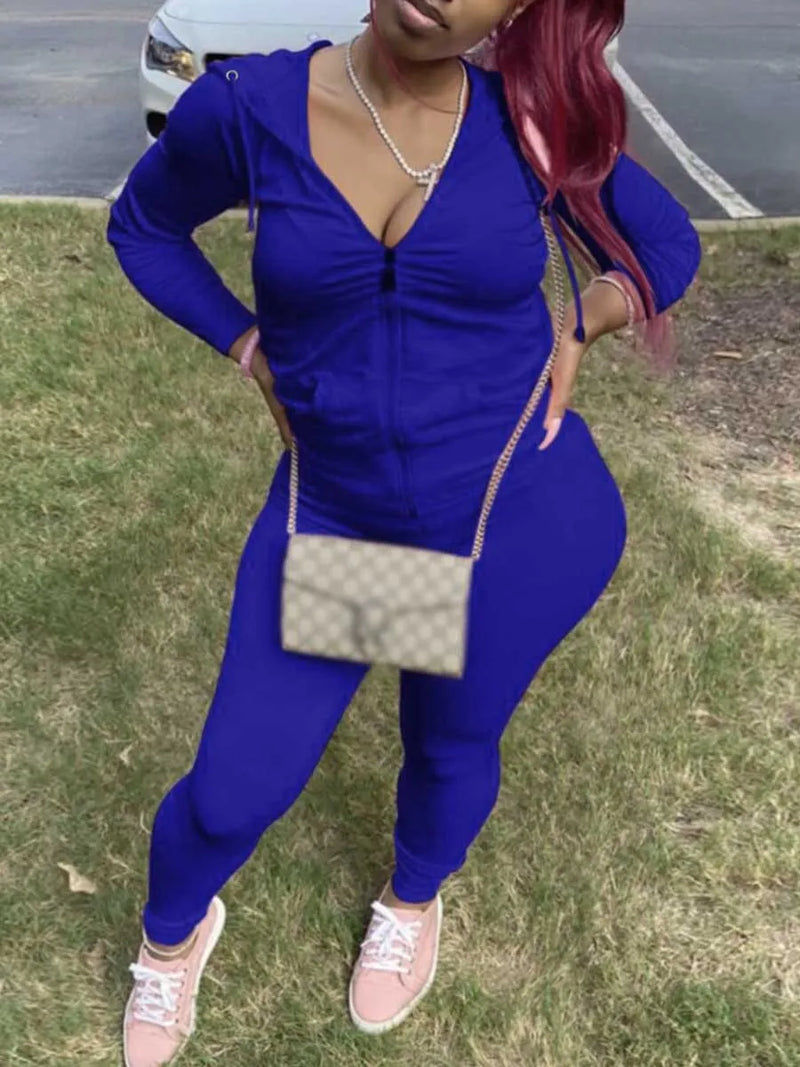 Spring Two Piece Sets Outfits Hooded Collar Zipper Design Long Sleeve Tracksuit With Kangaroo Pocket