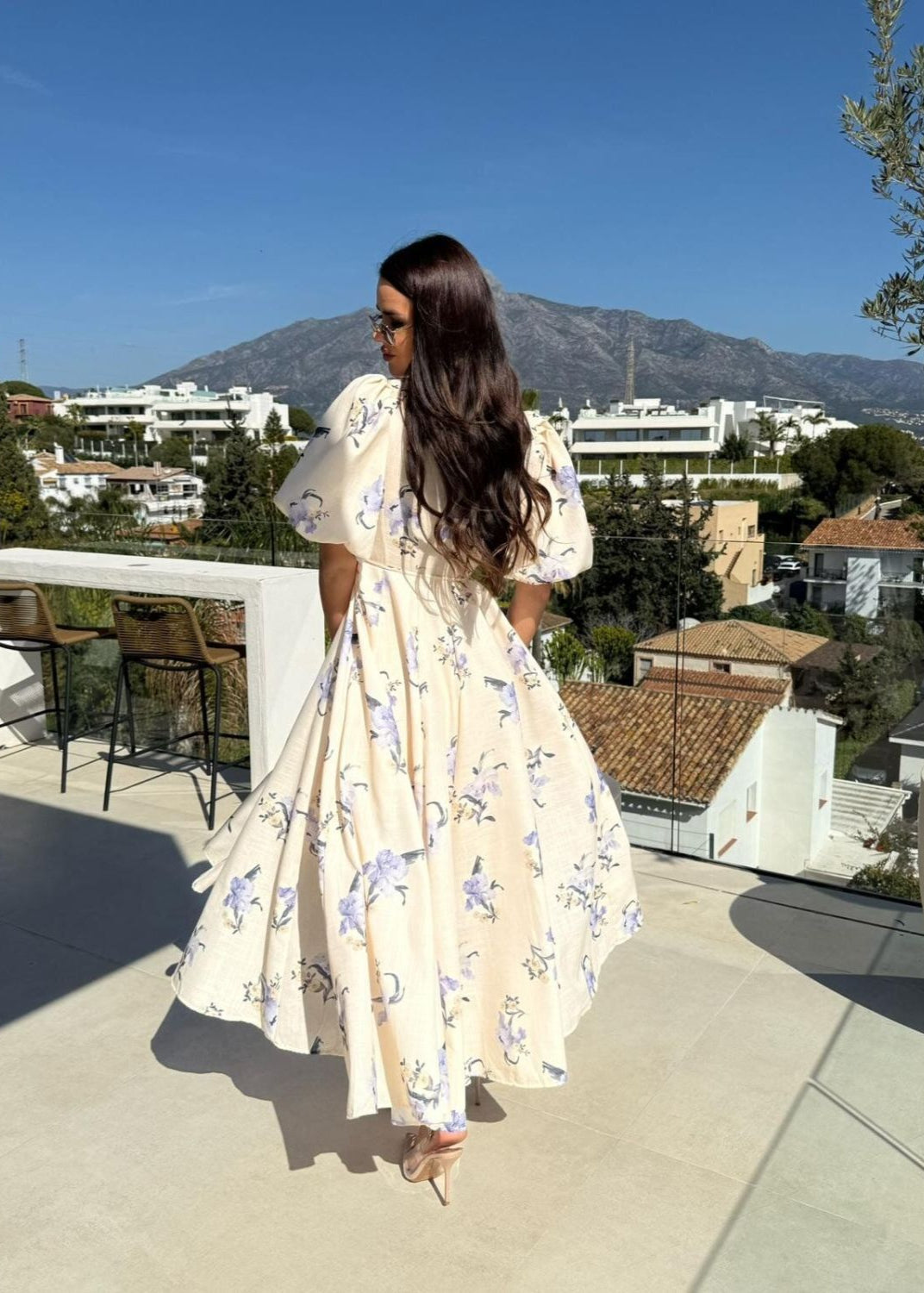 Beige Puff Sleeve Maxi Dress – V-neck A-line Gown