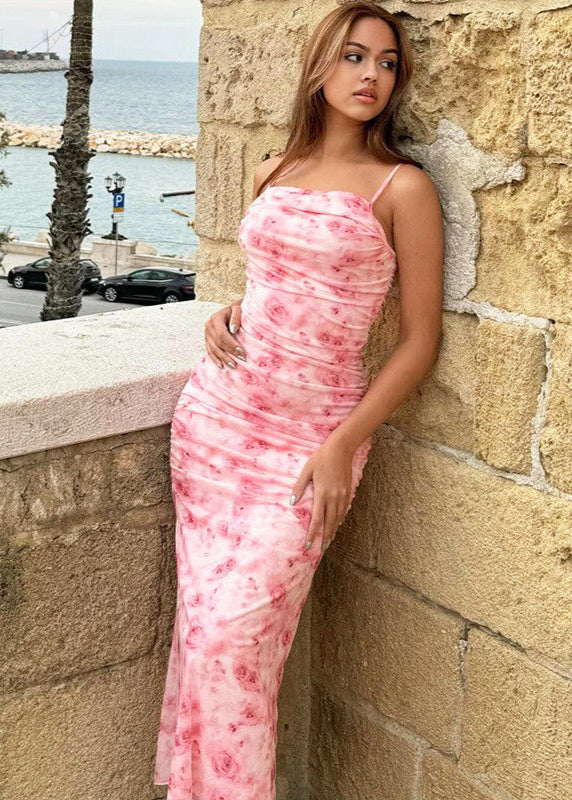 Blush Bloom – Ruched Maxi Dress With Spaghetti Straps