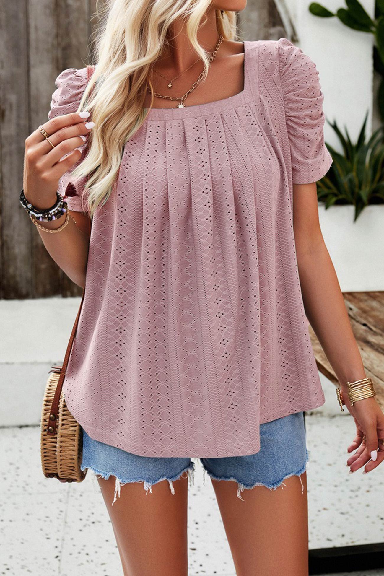 Square Neck Puff Sleeve Hollow Out Blouse
