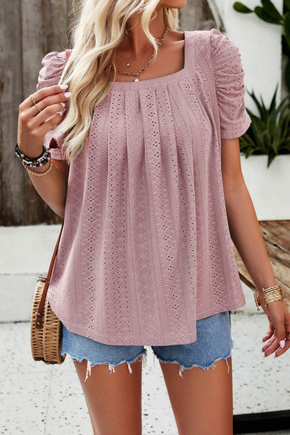 Square Neck Puff Sleeve Hollow Out Blouse