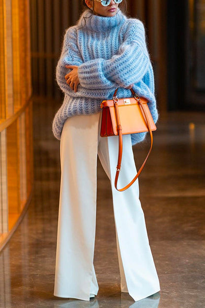Turtleneck Drop Shoulder Fluffy Pullover Sweater