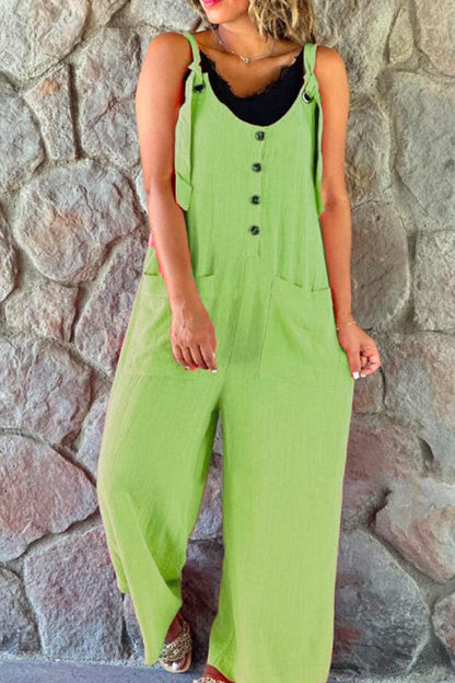 Scoop Neck Buttons Wide Leg Cotton Linen Overalls