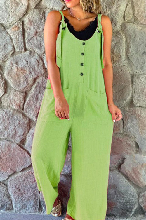 Scoop Neck Buttons Wide Leg Cotton Linen Overalls