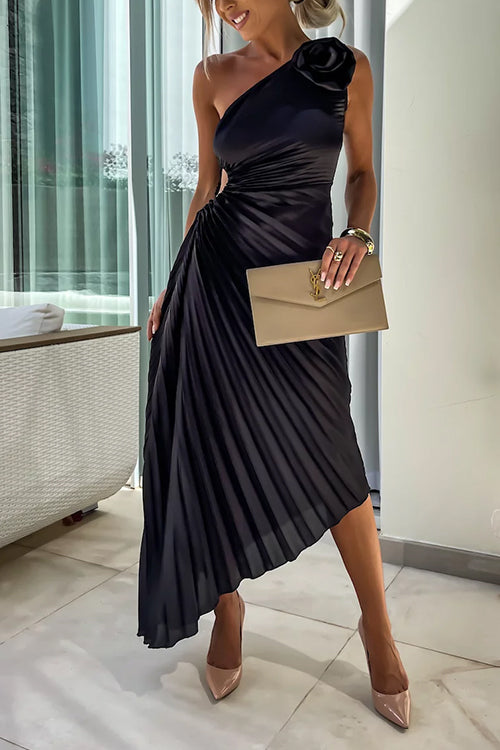Moxidress 3d Rose One Shoulder Cut Out Waist Asymmetric Hem Pleated Maxi Dress