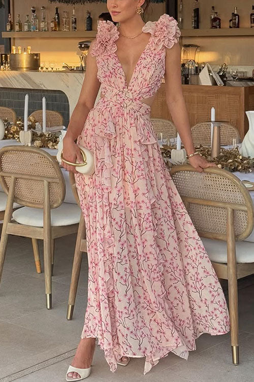 Moxidress Deep V Neck Sleeveless Cut Out Print Ruffle Maxi Dress