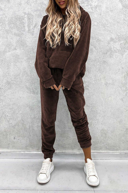 Velour Color Hoodie Long Pants Set