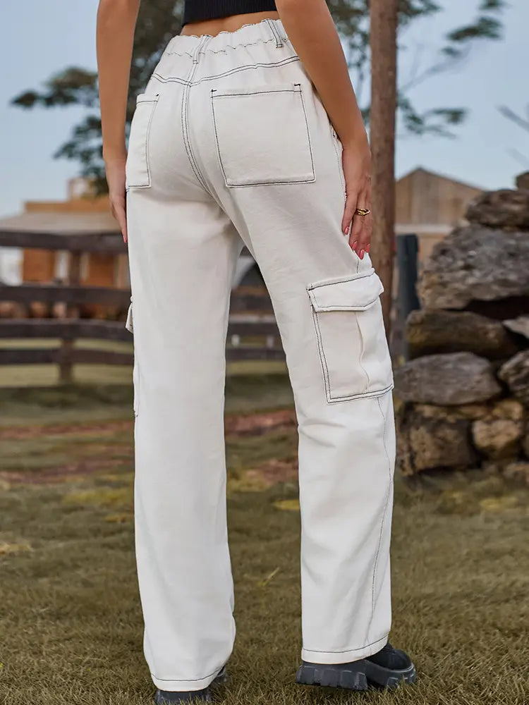 Elastic Waist Relaxed Fit Denim Cargo Pants