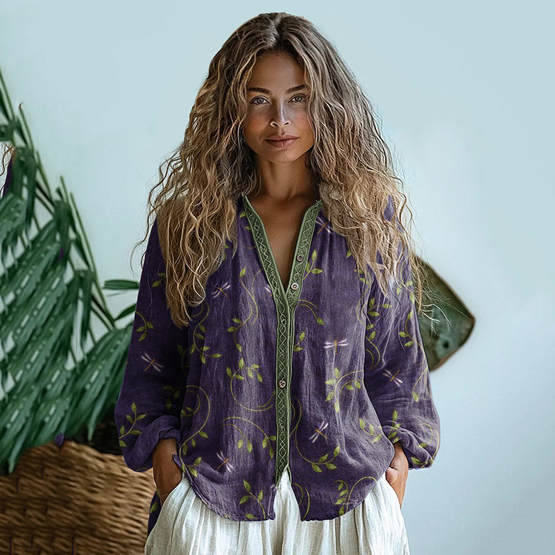 Bohemian Style Dragonfly Linen Print  Long Sleeve Shirt elevenforest