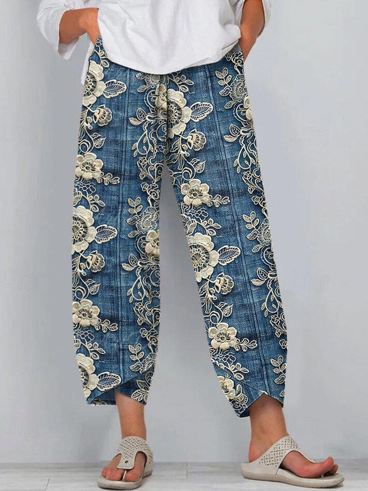Women's Boho Lace Floral Embroidered Linen Blend Pants elevenforest