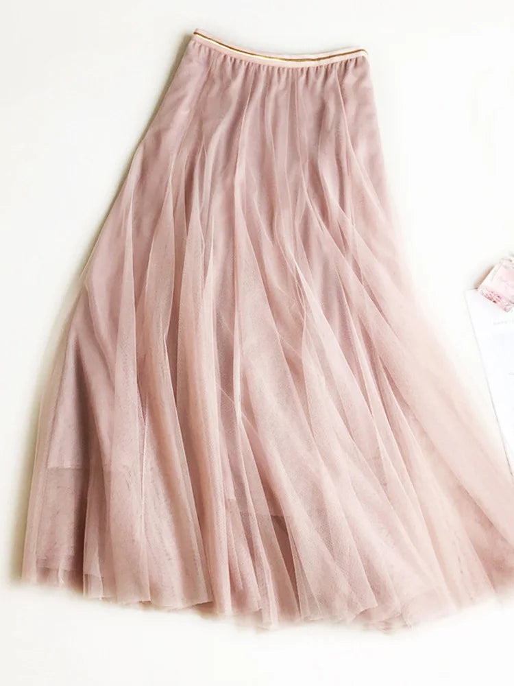 Summer Mesh Pleated Skirt High Waist a Line Tulle Skirts Long Maxi Tutu Skirt Holiday Beach Tulle Skirt