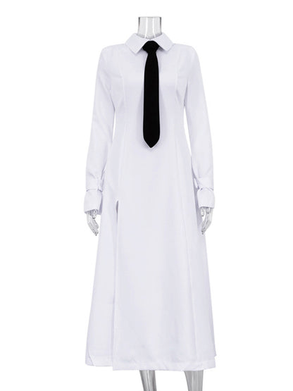 A-line Flared Sleeves Buttoned Color Split-joint Split-side Lapel Maxi Dresses Shirt Dress