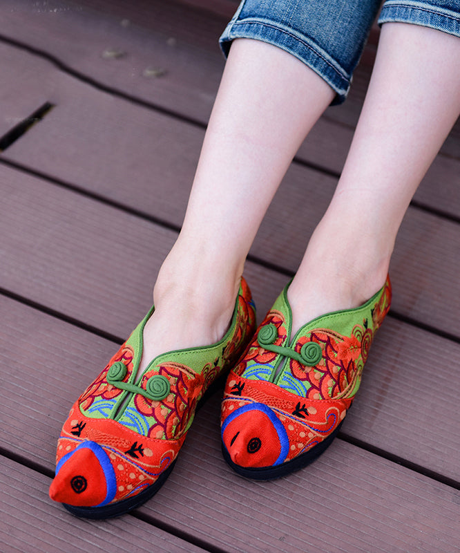 Unique Green Cotton Fabric Flat Shoes for Fish Embroideried Pointed Toe Splicing Flat Shoes