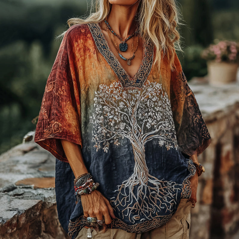 Women's Viking Tribal Tree Of Life In Rainbow Art Casual Shirt elevenforest
