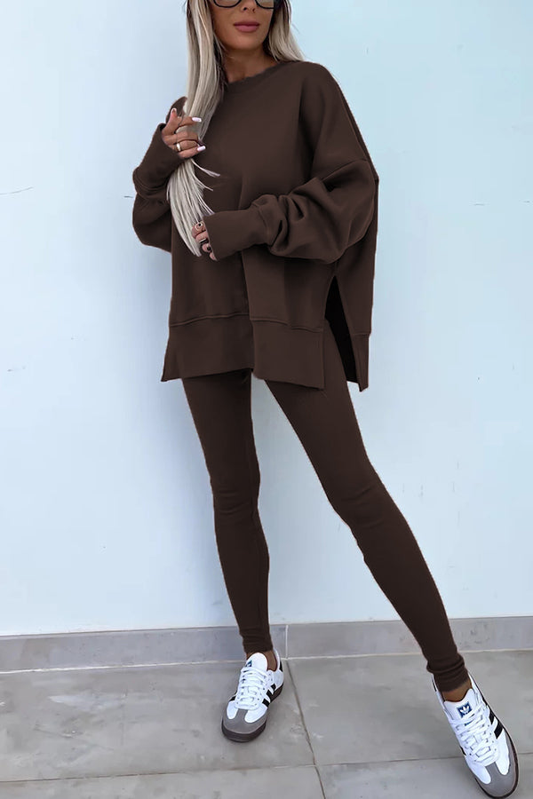 Color Loose Long Sleeve Slitsweatshirt and Elastic Waist Tight Pants Set