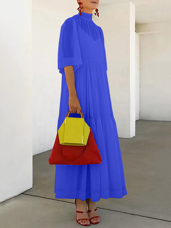 Loose Color Split-joint Inner Dress + Mesh Pleated Mock Neck Outer Dress Two Pieces Set