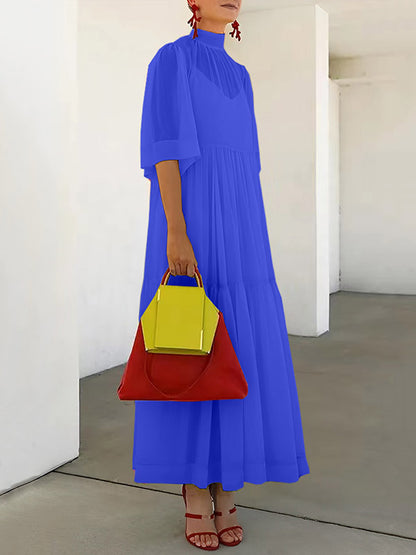 Loose Color Split-joint Inner Dress + Mesh Pleated Mock Neck Outer Dress Two Pieces Set