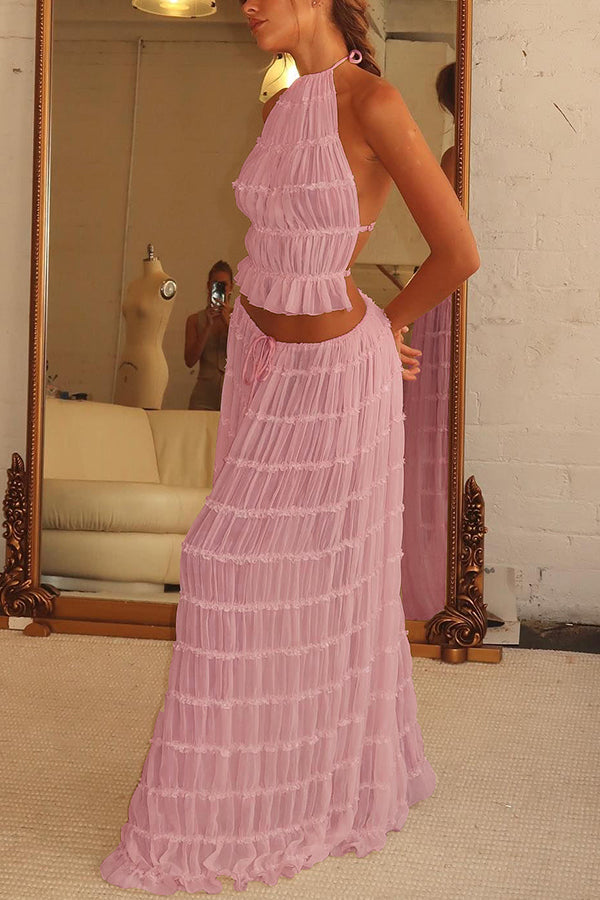 Versatility and Charm Pleated Drawstring Waist Tiered Maxi Skirt