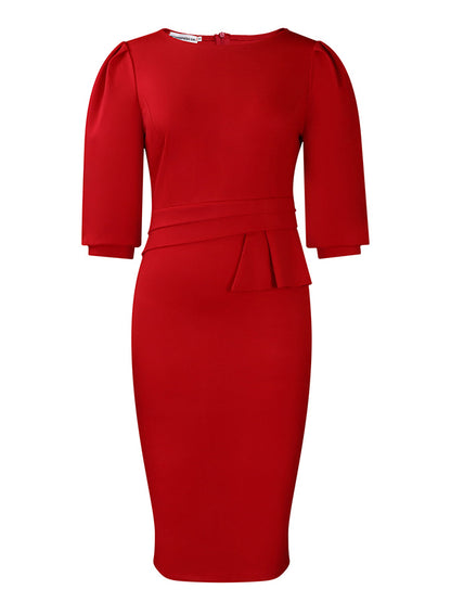 Bodycon Half Sleeves Pleated Color Split-back Split-joint Zipper Round-neck Midi Dresses