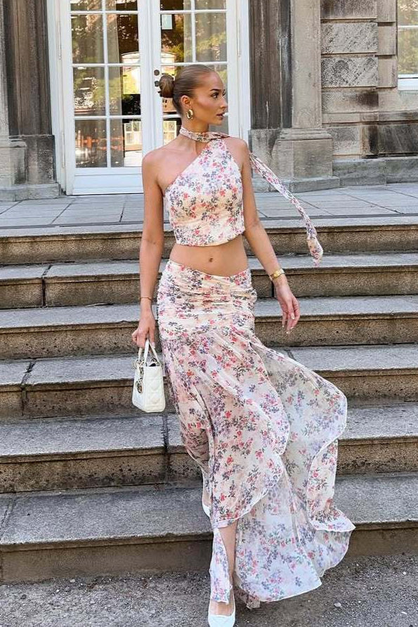Light Pink Purple One Shoulder Sleeveless Two Piece Set