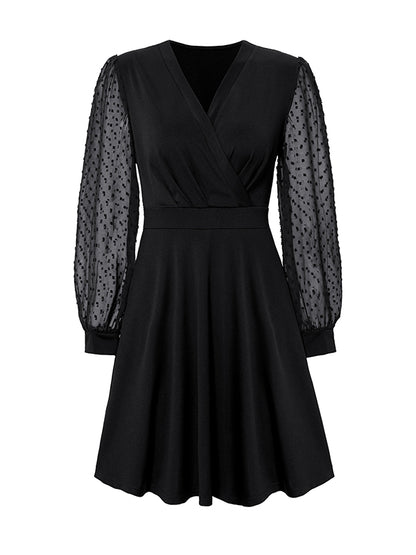 A-line Long Sleeves Gauze Pleated Split-joint V-neck Midi Dresses