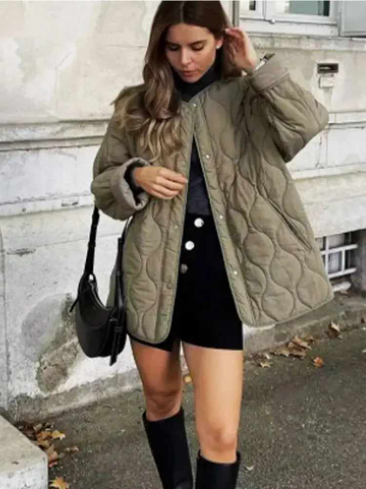 Quilted Jackets Spring Autumn O-neck Single Breasted Pocket Coats Female Long Sleeve Lady Outerwear