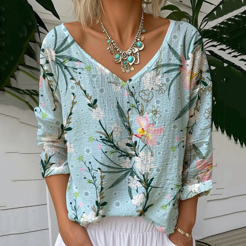 Floral Print V-neck Linen Blend Casual T-shirt elevenforest