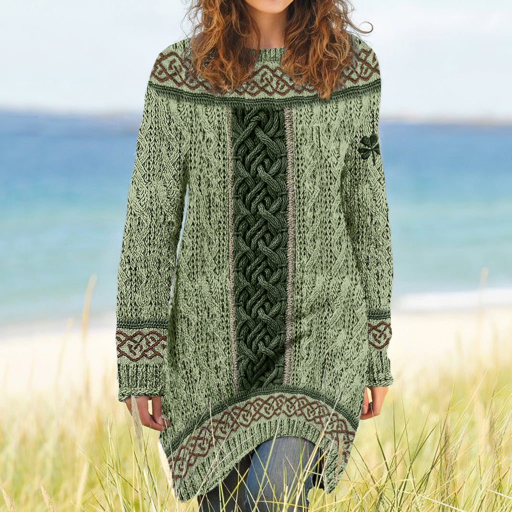 Women's Irish Celtic Knotted Shamrock Contrast Jacquard Sweater Dress artswardrobe