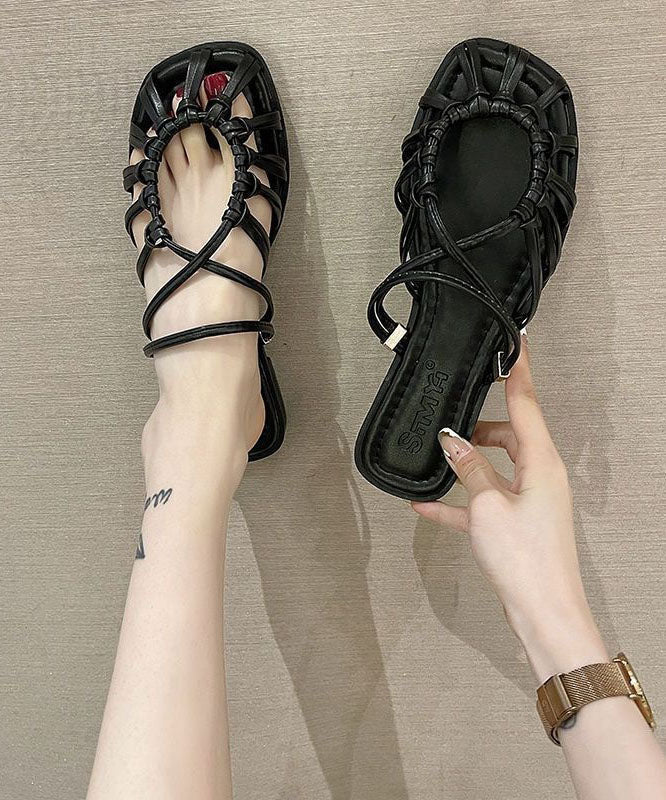 Black Pu Flat Slide Sandals Splicing Hollow Out