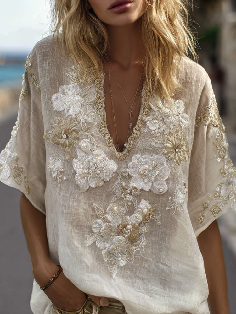 Bohemian Style Flower V-neck Vintage White Linen Short-sleeved Shirt elevenforest