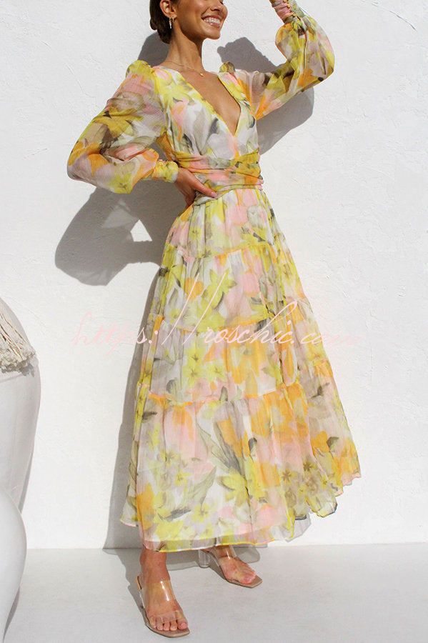Olena Abstract Balloon Sleeves Maxi Dress (the Back Is Stretchy)