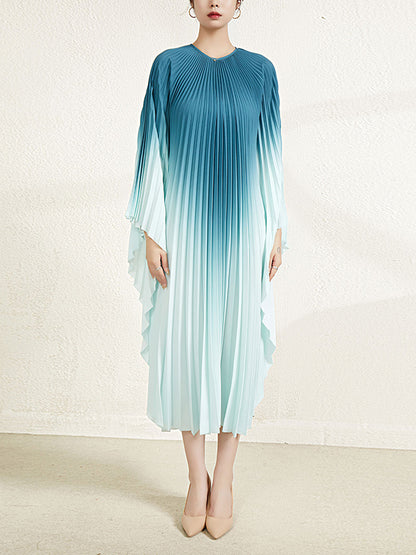 Batwing Sleeves Loose Gradient Pleated Round-neck Midi Dresses