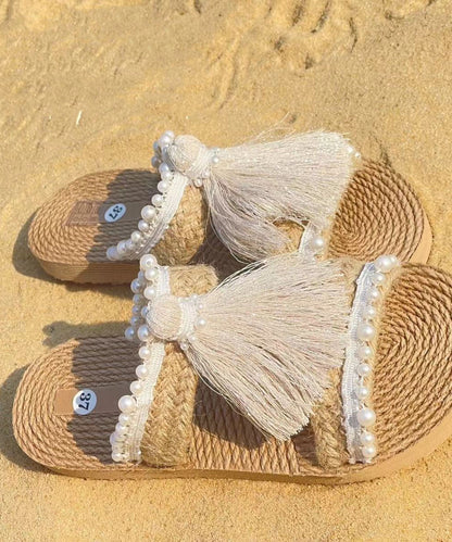 Style Tassel Grass Woven Beach Flat Slide Sandals