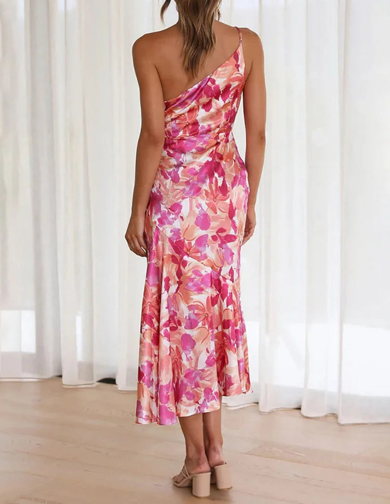 Azalea - Pink One Shoulder Ruched Satin Dress