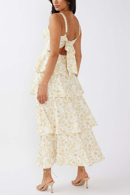 Print Tie-up Tiered Midi Dress