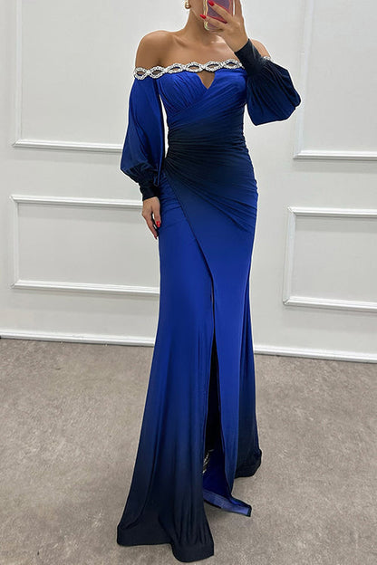 Off Shoulder Ruched Waist Gradient Tie Dye Wrap Maxi Dress